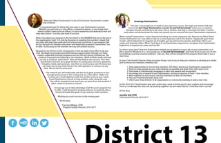 Greetings Toastmasters!
This year, I encourage you to build on your previous success. Aim high and stretch wide. But
most of all, don’t keep Toastmasters a secret. Go and Tell Somebody! Invite your co-workers,
strangers, friends, and family to join your club or another club that is convenient to them. Continu-
ously share and demonstrate the value and growth you’ve received from your Toastmasters experience.
When I joined Toastmasters, I never dreamed of taking on a more expansive role. Because my fellow Toast-
masters believed in me, I was able to take on a more expansive role in the district. I happened upon Toast-
masters which helped me to organize my thoughts, get my point across quickly, and better inform, per-
suade, and motivate others. When I look back at my Toastmasters experience I recognize how Toastmasters
helped me to improve my career and my life!
So what is your story? How has Toastmasters helped you to advance in your job, in your community, or in
life in general? Whatever it is, I encourage you to Go and Tell Somebody! and invite them to join you on this
extraordinary journey toward excellence. Like you, they will be amazed at the progress they make in just a
short time.
As your Club Growth Director, there are seven things I ask of you to help you continue to develop as a leader
and to ensure you maintain a healthy club:
	 1. Seek opportunities to recruit new members. Tell others about your Toastmasters experience;
	 2. Invite as many people to your club meetings as possible and greet them with open arms;
	 3. Participate in membership campaigns to earn club awards and recognition;
	 4. Encourage lots of people to join Toastmasters, striving to sponsor at least 1 new member;
	 5. Work together to ensure your club has/maintains at least 20 members;
	 6. Pay your membership dues early; and
	 7. Inform your Area Director of an organization or community wanting to start a new club.
As the 2016-2017 Toastmasters year gets under way, I want to thank you for your support and encourage-
ment as I undertake this new role. By working together, we will make District 13 the best that it can be!
All the best,
Jennifer Sell, DTM
Club Growth Director 2016-2017
Welcome Fellow Toastmasters to the 2016 Summer Toastmasters Leader-
ship Institute!
I congratulate you for taking the next step in your Toastmaster’s journey.
Whether you are here as a new officer, a seasoned veteran, or are simply inter-
ested in what it takes to be an officer, it is your leadership and dedication that will
help take District 13 to the next level of success!
What I love about our program is the fact that it is the MEMBER that sits at the top of
the organization chart. It is only by focusing on meeting the member’s needs that
our clubs will meet their goals and not only survive, but thrive in our program. We
do this through the fabulous education and leadership programs Toastmasters has
to offer. By focusing on the member we truly will achieve success.
My goal for our District in this coming year is that we make every effort to do just
that. We begin by providing excellent training opportunities through our Toast-
masters Leadership Institute programs and our Fall and Spring Conferences. We
continue the process by listening to our members. What are their needs and how
can we, as a District, assist them? How will that lead to our success? Your Area
and Division Directors are a great medium to convey your concerns, questions,
thoughts, needs, and successes. Use them as much as you can! Of course you
can reach out to any of the District Trio with questions or concerns at any
time. We are here to serve you!
The network you will build today will also be of great assistance to you
through your journey in the coming year as a club officer. Make sure
to share your email addresses with one another and use your newly
found Toastmasters friends to help problem solve along the way.
You will be amazed at how much you can learn from one another! It
takes a team to become a success.
I encourage you to take advantage of all this year’s program has
to offer. I look forward to working with you to meet the educa-
tional and leadership goals of you and your club members.
Wishing you much success in the coming year!
All the best,
Francine Milligan, DTM
Program Quality Director, 2016-2017
 
