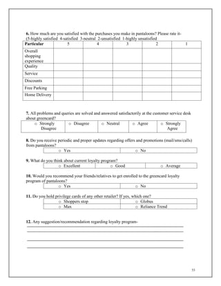 53
6. How much are you satisfied with the purchases you make in pantaloons? Please rate it-
(5-highly satisfied 4-satisfied 3-neutral 2-unsatisfied 1-highly unsatisfied
Particular 5 4 3 2 1
Overall
shopping
experience
Quality
Service
Discounts
Free Parking
Home Delivery
7. All problems and queries are solved and answered satisfactorily at the customer service desk
about greencard?
o Strongly
Disagree
o Disagree o Neutral o Agree o Strongly
Agree
8. Do you receive periodic and proper updates regarding offers and promotions (mail/sms/calls)
from pantaloons?
o Yes o No
9. What do you think about current loyalty program?
o Excellent o Good o Average
10. Would you recommend your friends/relatives to get enrolled to the greencard loyalty
program of pantaloons?
o Yes o No
11. Do you hold privilege cards of any other retailer? If yes, which one?
o Shoppers stop o Globus
o Max o Reliance Trend
12. Any suggestion/recommendation regarding loyalty program-
 