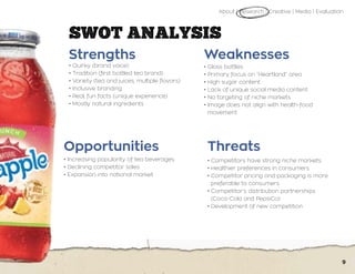 Strengths Weaknesses
Opportunities Threats
SWOT ANALYSIS
• Quirky (brand voice)
• Tradition (first bottled tea brand)
• Variety (tea and juices, multiple flavors)
• Inclusive branding
• Real, fun facts (unique experience)
• Mostly natural ingredients
• Glass bottles
• Primary focus on “Heartland” area
• High sugar content
• Lack of unique social media content
• No targeting of niche markets
• Image does not align with health-food
movement
• Increasing popularity of tea beverages
• Declining competitor sales
• Expansion into national market
• Competitors have strong niche markets
• Healthier preferences in consumers
• Competitor pricing and packaging is more
preferable to consumers
• Competitor’s distribution partnerships
(Coca-Cola and PepsiCo)
• Development of new competition
About | Research | Creative | Media | Evaluation
9
 