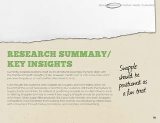 About | Research | Creative | Media | Evaluation
RESEARCH SUMMARY/
KEY INSIGHTS
Currently, Snapple positions itself as an all-natural beverage, trying to align with
the traditional health benefits of tea. However, “health-nut” or not, consumers don’t
perceive Snapple as a much better alternative to soda.
Even though this audience sees Snapple as a sugary and not-healthy drink, we
found that this is not necessarily a bad thing. Our audience still treats themselves to
sugary foods and drinks. So instead of positioning Snapple as an alternative to soda
or altering Snapple’s formula to make it less sugary, Snapple should be positioned as
a fun treat. Other sugar-filled products, like Coca-Cola, Monster, and even Snapple’s
competitors, have benefited from building their brands and developing relationships
with consumers through heavy promotions, sponsorships, and advertising.
10
 