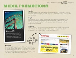 Click the
picture to take
the quiz!
About | Research | Creative | Media | Evaluation
MEDIA PROMOTIONS
Netflix
Capitalizing on the use of strategic product placement, we want to
place Snapple in popular Netflix Original shows, “Fuller House” and
“Master of None.” We feel that these shows best resonate with our
core target audience.
Snapchat
With a 24-hour sponsored Snapchat filter, we will create a shareable
interaction with the Snapple brand and gain a large amount of
impressions on a high-traffic social media platform.
BuzzFeed
Broadening Snapple’s current BuzzFeed strategy
to target a national audience, creating a BuzzFeed
quiz “Which Snapple Flavor Are You?” Is a fun way
to showcase Snapple’s large variety of flavors and
create a connection with consumers.
Spotify
Continuing with the “Live a little” message, we want to create a custom,
Snapple-sponsored playlist featuring a fun, mood-boosting, and eclectic
mix of songs.
17
 
