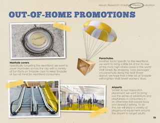 About | Research | Creative | Media | Evaluation
OUT-OF-HOME PROMOTIONS
Airports
Similar to our hopscotch
placement, we want to bring
out the sense of adventure and
playfulness in consumers in
an otherwise fast-paced, busy
and stressful setting. To do
this, we will place a variety of
playground equipment around
the airport to target adults.
Manhole covers
Specifically targeting the Heartland, we want to
cover manholes across the city with a variety
of fun facts on Snapple caps to keep Snapple
at top-of-mind for Heartland consumers.
Parachutes
Another tactic specific to the Heartland,
we want to bring a little bit of fun to one
of the most high-stress areas in the world:
Wall Street. By dropping “care packages”
via parachute along the Wall Street
district, we hope that a little bit of Snapple
will brighten Wall Street workers’ days.
19
 