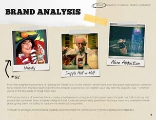 Wendy
Snapple Half-n-Half
Alien Abduction
#tbt
From the enlightening moment of reading the “Real Facts,” to the instant refreshment from the great-tasting flavor combina-
tions (made from the Best Stuff on Earth), the Snapple experience can brighten your day with the pop of a cap — whether
you’re in the Big Apple or Small Town, USA.
With a long history of inventive flavors, quirky advertisements and great-tasting beverages, Snapple has built a strong and
passionate consumer base. Snapple’s delightful and fun brand-personality gives them a unique voice in a crowded market-
place, giving them the ability to capture the hearts of consumers.
Through its products and branding, Snapple seeks to make the world we live in more engaging and delightful.
About | Research | Creative | Media | Evaluation
BRAND ANALYSIS
4
 