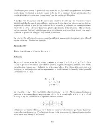 Usualmente para trazar la gráﬁca de una ecuación en dos variables graﬁcamos suﬁcientes
puntos para determinar a grandes rasgos la forma de la misma y luego aproximamos los
puntos restantes trazando una “curva suave” por los puntos ya dibujados.
A medida que trabajemos con los casos más sencillos de este tipo de ecuaciones vamos
identiﬁcando las formas de sus gráﬁcas y ayudados de una tabla de valores, que se obtiene
asignándole valores a una de las variables de la ecuación y hallando los correspondientes
valores de la otra, podremos trazar una gráﬁca aproximada de la ecuación. Más adelante,
en los cursos de Cálculo, estudiaremos otras técnicas que nos permitirán trazar con mayor
precisión la gráﬁca de una gran variedad de ecuaciones.
En esta lección sólo aprenderemos a trazar la gráﬁca de una ecuación de primer grado o lineal
en dos variables. Veamos un ejemplo.
Ejemplo 33.3
Trazar la gráﬁca de la ecuación 3x − y = 2.
Solución
3x − y = 2 es una ecuación de primer grado en x y y con A = 3, B = −1 y C = 2. Para
trazar su gráﬁca construimos una tabla de valores, asignándole algunos valores a una de las
variables, por ejemplo a x, y hallando los respectivos valores de y. Estos últimos se obtienen
fácilmente si hallamos una ecuación equivalente a la ecuación dada en la cual y esté expresada
en términos de x. Así,
3x − y = 2
−y = −3x + 2
y = 3x − 2
La ecuación y = 3x − 2 es equivalente a la ecuación 3x − y = 2. Ahora asignando algunos
valores a x obtenemos los correspondientes valores de y, por ejemplo, si x = −1 y = −5, si
x = 0 y = 2 y así construimos la siguiente tabla de valores:
x −1 0 1 2
y −5 −2 1 4
Dibujamos los puntos obtenidos en la tabla de valores y observamos que todos “parecen”
estar sobre una línea recta. Con la ayuda de una regla vemos que efectivamente estos puntos
están sobre una recta y la trazamos.
177
 