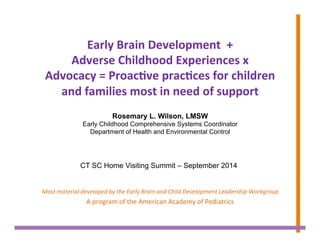 Early	
  Brain	
  Development	
  	
  +	
  	
  
Adverse	
  Childhood	
  Experiences	
  x	
  	
  
Advocacy	
  =	
  Proac;ve	
  prac;ces	
  for	
  children	
  
and	
  families	
  most	
  in	
  need	
  of	
  support	
  
	
  
	
  
Most	
  material	
  developed	
  by	
  the	
  Early	
  Brain	
  and	
  Child	
  Development	
  Leadership	
  Workgroup	
  
A	
  program	
  of	
  the	
  American	
  Academy	
  of	
  Pediatrics	
  
Rosemary L. Wilson, LMSW
Early Childhood Comprehensive Systems Coordinator
Department of Health and Environmental Control
CT SC Home Visiting Summit – September 2014
 