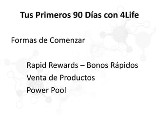 Tus Primeros 90 Días con 4Life
Formas de Comenzar
Rapid Rewards – Bonos Rápidos
Venta de Productos
Power Pool
 