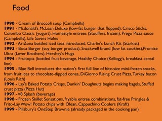 Food
1990 - Cream of Broccoli soup (Campbells)
1991 - Mcdonald's McLean Deluxe (low-fat burger that ﬂopped), Crisco Sticks,
Colombo Classic (yogurt), Homestyle entrees (Stouffers, frozen), Prego Pizza sauce
(Campbells), Life Savers Holes
1992 - AriZona bottled iced teas introduced, Charlie's Lunch Kit (Starkist)
1993 - Boca Burger (soy burger product), Snackwell brand (low fat cookies),Promise
Ultra (Lever Brothers), Hershey's Hugs
1994 - Fruitopia (bottled fruit beverage, Healthy Choice (Kellogg's, breakfast cereal
line)
1995 - Blue Bell introduces the nation's ﬁrst full line of bite-size mini-frozen snacks,
from fruit ices to chocolate-dipped cones, DiGiorno Rising Crust Pizza, Turkey bacon
(Louis Rich)
1996 - Lay's Baked Potato Crisps, Dunkin' Doughnuts begins making bagels, Stuffed
crust pizza (Pizza Hut)
1997 - V8 Splash (beverage)
1998 - Frozen Skillet Sensations, fryable entree combinations, fat-free Pringles &
Frito-Lay Wow! Potato chips with Olean, Cappuchino Coolers (Kraft)
1999 - Pillsbury's OneStep Brownie (already packaged in the cooking pan)
 