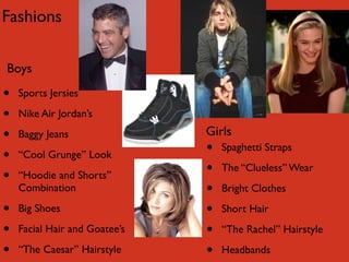 Fashions

Boys

•   Sports Jersies

•   Nike Air Jordan’s

•   Baggy Jeans                Girls
•   “Cool Grunge” Look         •   Spaghetti Straps

•   “Hoodie and Shorts”        •   The “Clueless” Wear
    Combination                •   Bright Clothes

•   Big Shoes                  •   Short Hair

•   Facial Hair and Goatee’s   •   “The Rachel” Hairstyle

•   “The Caesar” Hairstyle     •   Headbands
 