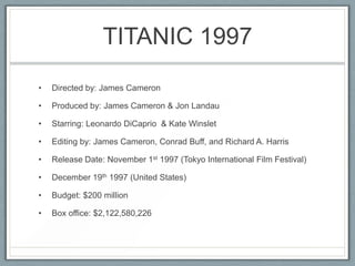 TITANIC 1997
•   Directed by: James Cameron

•   Produced by: James Cameron & Jon Landau

•   Starring: Leonardo DiCaprio & Kate Winslet

•   Editing by: James Cameron, Conrad Buff, and Richard A. Harris

•   Release Date: November 1st 1997 (Tokyo International Film Festival)

•   December 19th 1997 (United States)

•   Budget: $200 million

•   Box office: $2,122,580,226
 