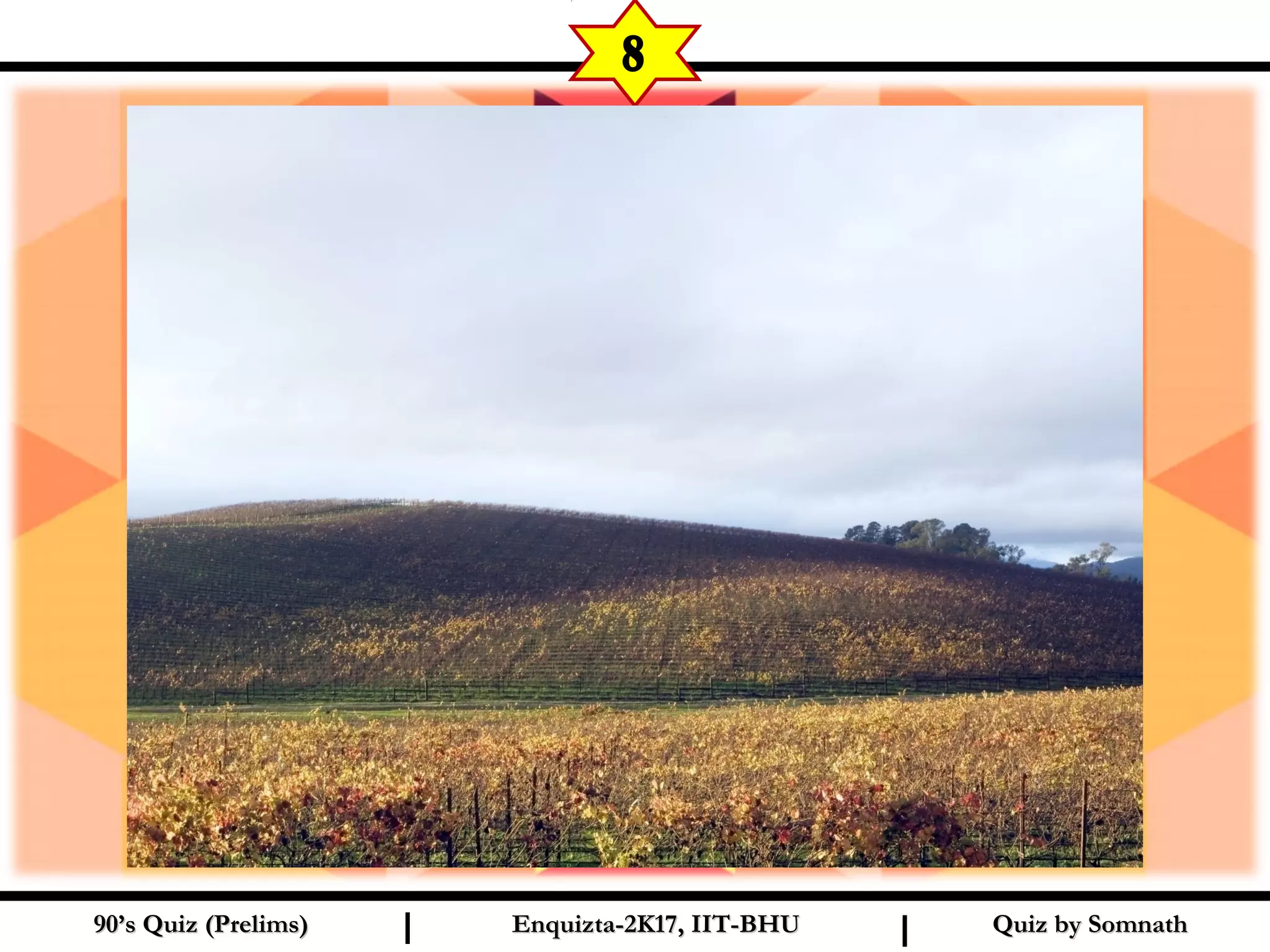 Quiz by SomnathQuiz by Somnath90’s Quiz (Prelims)90’s Quiz (Prelims) Enquizta-2K17, IIT-BHUEnquizta-2K17, IIT-BHUI I
8
 