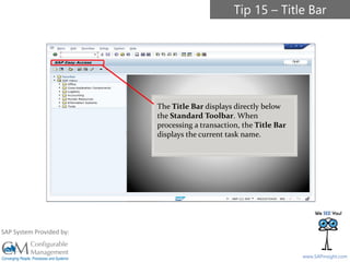 SAPinsight16
www.SAPinsight.com
SAP System Provided by:
The Title Bar displays directly below
the Standard Toolbar. When
processing a transaction, the Title Bar
displays the current task name.
Tip 15 – Title Bar
 