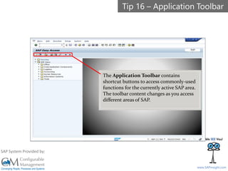SAPinsight16
www.SAPinsight.com
SAP System Provided by:
The Application Toolbar contains
shortcut buttons to access commonly-used
functions for the currently active SAP area.
The toolbar content changes as you access
different areas of SAP.
Tip 16 – Application Toolbar
 