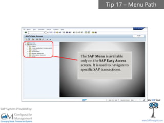 SAPinsight16
www.SAPinsight.com
SAP System Provided by:
The SAP Menu is available
only on the SAP Easy Access
screen. It is used to navigate to
specific SAP transactions.
Tip 17 – Menu Path
 