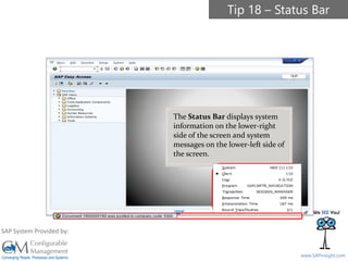 SAPinsight16
www.SAPinsight.com
SAP System Provided by:
The Status Bar displays system
information on the lower-right
side of the screen and system
messages on the lower-left side of
the screen.
Tip 18 – Status Bar
 