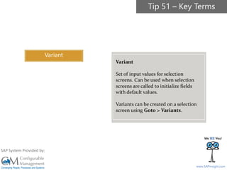 SAPinsight16
www.SAPinsight.com
SAP System Provided by:
Variant
Variant
Set of input values for selection
screens. Can be used when selection
screens are called to initialize fields
with default values.
Variants can be created on a selection
screen using Goto > Variants.
Tip 51 – Key Terms
 