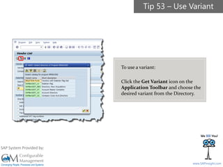 SAPinsight16
www.SAPinsight.com
SAP System Provided by:
To use a variant:
Click the Get Variant icon on the
Application Toolbar and choose the
desired variant from the Directory.
Tip 53 – Use Variant
 