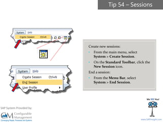 SAPinsight16
www.SAPinsight.com
SAP System Provided by:
Create new sessions:
• From the main menu, select
System > Create Session.
• On the Standard Toolbar, click the
New Session icon.
End a session:
• From the Menu Bar, select
System > End Session.
Tip 54 – Sessions
 