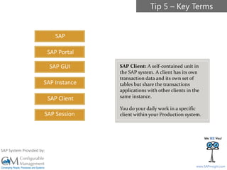 SAPinsight16
www.SAPinsight.com
SAP System Provided by:
SAP
SAP GUI
SAP Instance
SAP Client
SAP Session
SAP Portal
SAP Client: A self-contained unit in
the SAP system. A client has its own
transaction data and its own set of
tables but share the transactions
applications with other clients in the
same instance.
You do your daily work in a specific
client within your Production system.
Tip 5 – Key Terms
 