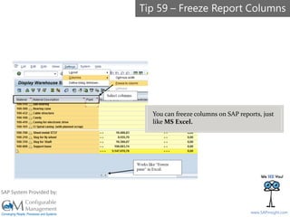 SAPinsight16
www.SAPinsight.com
SAP System Provided by:
You can freeze columns on SAP reports, just
like MS Excel.
Tip 59 – Freeze Report Columns
 