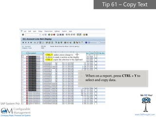 SAPinsight16
www.SAPinsight.com
SAP System Provided by:
- When on a report, press CTRL + Y to
select and copy data.
Tip 61 – Copy Text
 
