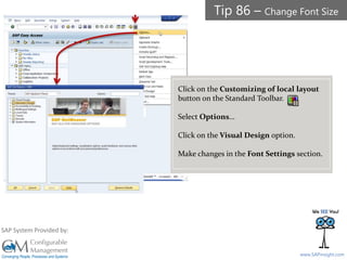 SAPinsight16
www.SAPinsight.com
SAP System Provided by:
Click on the Customizing of local layout
button on the Standard Toolbar.
Select Options…
Click on the Visual Design option.
Make changes in the Font Settings section.
Tip 86 – Change Font Size
 