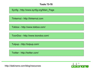 http://dakinane.com/blog/resources Synfig - http://www.synfig.org/Main_Page Tokbox - http://www.tokbox.com/ ToonDoo - http://www.toondoo.com/ Tutpup - http://tutpup.com/ Twitter - http://twitter.com/ Tools 73-78 Tinkernut - http://tinkernut.com 