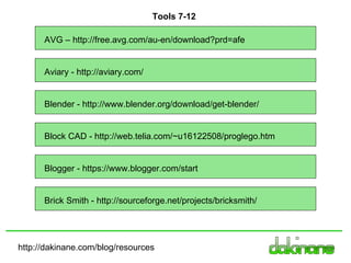 Blender - http://www.blender.org/download/get-blender/ Tools 7-12 http://dakinane.com/blog/resources AVG – http://free.avg.com/au-en/download?prd=afe Aviary - http://aviary.com/ Block CAD - http://web.telia.com/~u16122508/proglego.htm Blogger - https://www.blogger.com/start Brick Smith - http://sourceforge.net/projects/bricksmith/ 