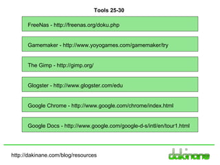 http://dakinane.com/blog/resources Gamemaker - http://www.yoyogames.com/gamemaker/try The Gimp - http://gimp.org/ Glogster - http://www.glogster.com/edu Google Chrome - http://www.google.com/chrome/index.html Google Docs - http://www.google.com/google-d-s/intl/en/tour1.html Tools 25-30 FreeNas - http://freenas.org/doku.php 
