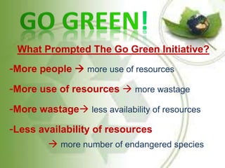 What Prompted The Go Green Initiative? 
-More people  more use of resources 
-More use of resources  more wastage 
-More wastage less availability of resources 
-Less availability of resources 
 more number of endangered species 
 