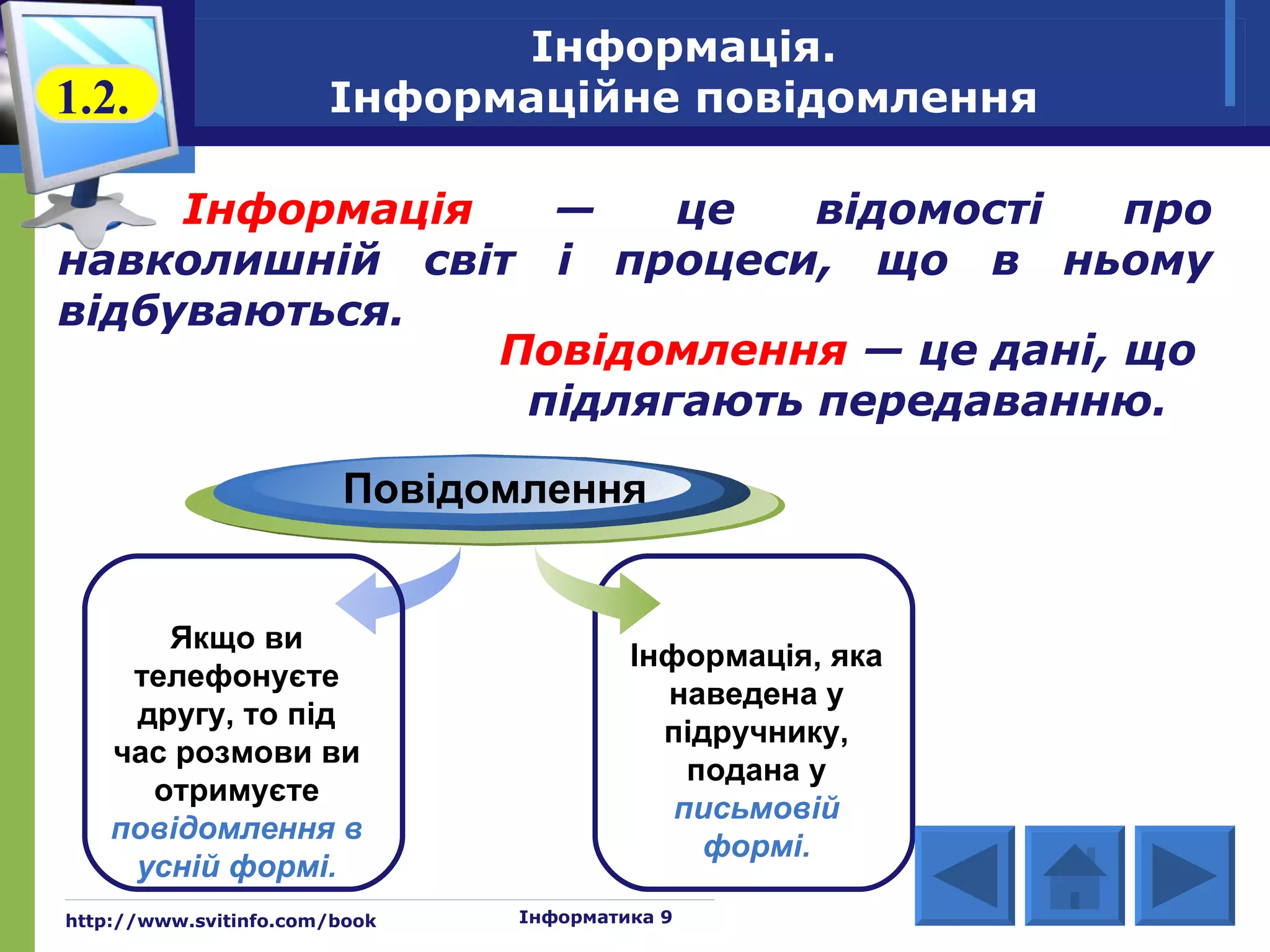 Інформація.
1.2.                   Інформаційне повідомлення

     Інформація   —    це   відомості   про
навколишній світ і процеси, що в ньому
відбуваються.
                Повідомлення — це дані, що
                 підлягають передаванню.

                        Повідомлення


       Якщо ви
                                        Інформація, яка
     телефонуєте
                                          наведена у
     другу, то під
                                          підручнику,
    час розмови ви
                                            подана у
      отримуєте
                                           письмовій
    повідомлення в
                                             формі.
     усній формі.
http://www.svitinfo.com/book   Інформатика 9
 