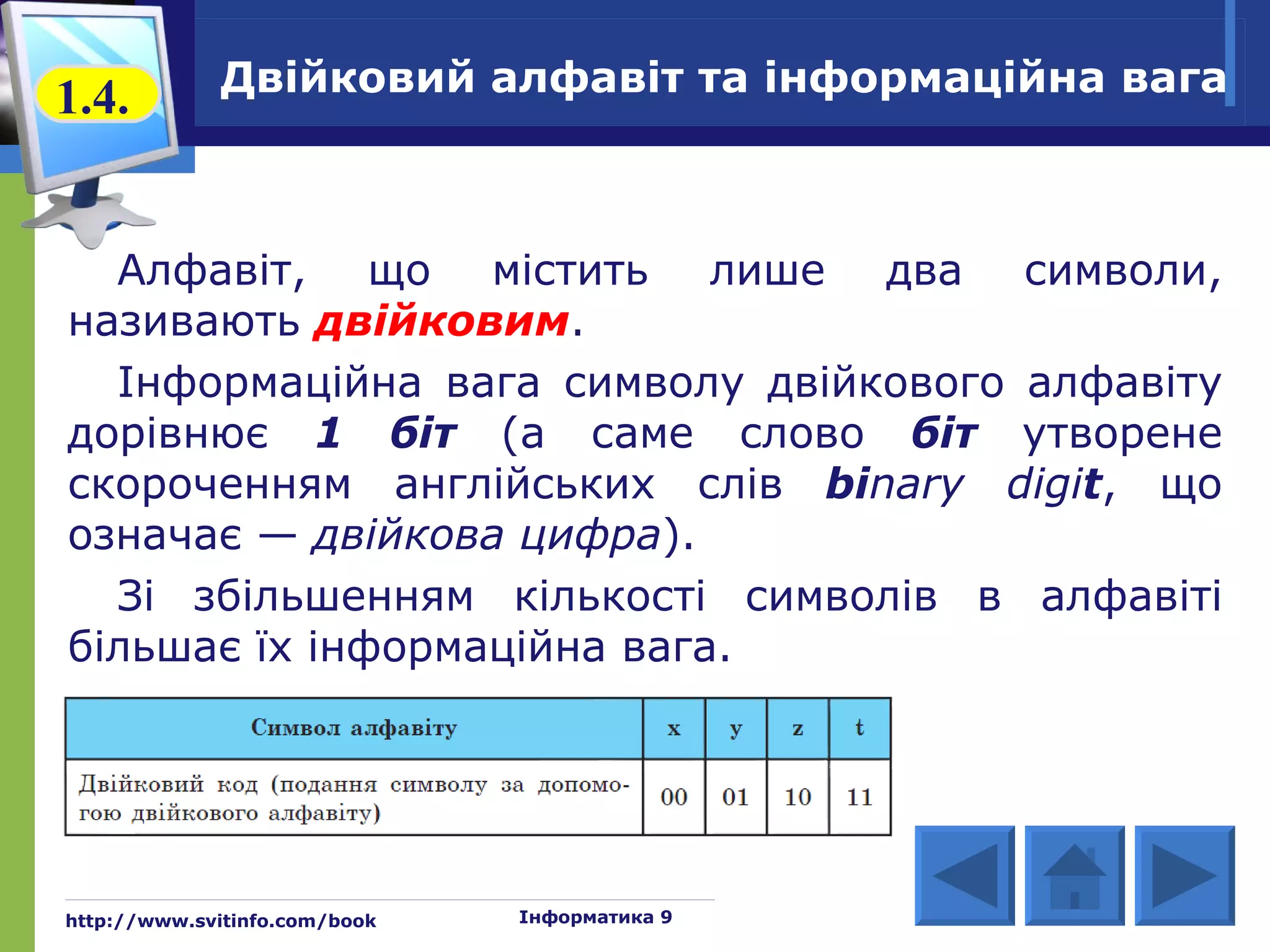 Двійковий алфавіт та інформаційна вага
1.4.


  Алфавіт, що містить лише два символи,
називають двійковим.
  Інформаційна вага символу двійкового алфавіту
дорівнює 1 біт (а саме слово біт утворене
скороченням англійських слів binary digit, що
означає — двійкова цифра).
  Зі збільшенням кількості символів в алфавіті
більшає їх інформаційна вага.




http://www.svitinfo.com/book   Інформатика 9
 