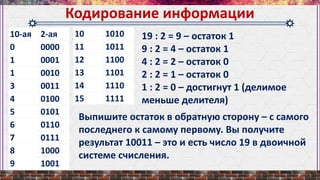 Кодирование информации
10-ая 2-ая
0 0000
1 0001
1 0010
3 0011
4 0100
5 0101
6 0110
7 0111
8 1000
9 1001
19 : 2 = 9 – остаток 1
9 : 2 = 4 – остаток 1
4 : 2 = 2 – остаток 0
2 : 2 = 1 – остаток 0
1 : 2 = 0 – достигнут 1 (делимое
меньше делителя)
10 1010
11 1011
12 1100
13 1101
14 1110
15 1111
Выпишите остаток в обратную сторону – с самого
последнего к самому первому. Вы получите
результат 10011 – это и есть число 19 в двоичной
системе счисления.
 
