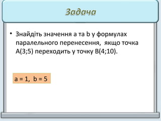 • Знайдіть значення a та b у формулах
паралельного перенесення, якщо точка
А(3;5) переходить у точку В(4;10).
а = 1, b = 5
 