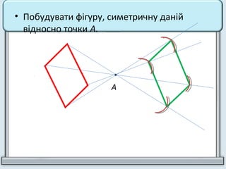 • Побудувати фігуру, симетричну даній
відносно точки А.
А
 