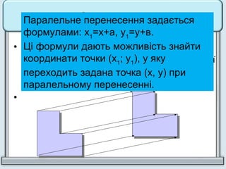 • Паралельним перенесенням називають
перетворення фігури F, при якому довільна її
точка (х; у) переходить у точку (х + а ; у + в),
де а та в – одні й ті самі для всіх точок (х ; у)
•
Паралельне перенесення задається
формулами: х1
=х+а, у1
=у+в.
Ці формули дають можливість знайти
координати точки (х1
; у1
), у яку
переходить задана точка (х, у) при
паралельному перенесенні.
 