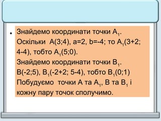 • Паралельне перенесення задається
формулами х1= х + 2, у1 = у - 4. Знайти точки
А1і В1, у які при цьому паралельному
перенесенні перейдуть точки А(3;4), В(-2;5).
Побудуйте точки А та А1, В та В1; кожну пару
точок сполучіть відрізком.
Знайдемо координати точки А1
.
Оскільки А(3;4), а=2, b=-4; то А1
(3+2;
4-4), тобто А1
(5;0).
Знайдемо координати точки В1
.
В(-2;5), В1
(-2+2; 5-4), тобто В1
(0;1)
Побудуємо точки А та А1
, В та В1
і
кожну пару точок сполучимо.
 