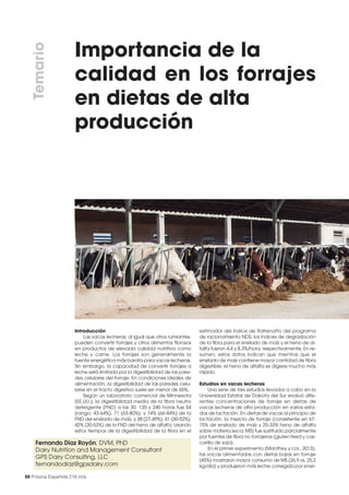 Importancia de la
calidad en los forrajes
en dietas de alta
producción
Fernando Diaz Royón, DVM, PhD
Dairy Nutrition and Management Consultant
GPS Dairy Consulting, LLC
fernandodiaz@gpsdairy.com
Introducción
Las vacas lecheras, al igual que otros rumiantes,
pueden convertir forrajes y otros alimentos fibrosos
en productos de elevada calidad nutritiva como
leche y carne. Los forrajes son generalmente la
fuente energética más barata para vacas lecheras.
Sin embargo, la capacidad de convertir forrajes a
leche está limitada por la digestibilidad de las pare-
des celulares del forraje. En condiciones ideales de
alimentación, la digestibilidad de las paredes celu-
lares en el tracto digestivo suele ser menor de 65%.
Según un laboratorio comercial de Minnesota
(EE.UU.), la digestibilidad media de la fibra neutro
detergente (FND) a las 30, 120 y 240 horas fue 54
(rango: 43-64%), 71 (63-80%), y 74% (66-84%) de la
FND del ensilado de maíz, y 38 (27-49%), 41 (30-52%),
42% (30-53%) de la FND del heno de alfalfa. Usando
estos tiempos de la digestibilidad de la fibra en el
Temario
88 Frisona Española 218 m/a
estimador del índice de Rafrenatto del programa
de racionamiento NDS, los índices de degradación
de la fibra para el ensilado de maíz y el heno de al-
falfa fueron 4,4 y 8,3%/hora, respectivamente. En re-
sumen, estos datos indican que mientras que el
ensilado de maíz contiene mayor cantidad de fibra
digestible, el heno de alfalfa se digiere mucho más
rápido.
Estudios en vacas lecheras
Una serie de tres estudios llevados a cabo en la
Universidad Estatal de Dakota del Sur evaluó dife-
rentes concentraciones de forraje en dietas de
vacas lecheras de alta producción en varios esta-
dos de lactación. En dietas de vacas al principio de
lactación, la mezcla de forraje (consistente en 67-
75% de ensilado de maíz y 25-33% heno de alfalfa
sobre materia seca; MS) fue sustituido parcialmente
por fuentes de fibra no forrajeras (gluten feed y cas-
carilla de soja).
En el primer experimento (Manthey y col., 2013),
las vacas alimentadas con dietas bajas en forraje
(45%) mostraron mayor consumo de MS (26,9 vs. 25,2
kg/día) y produjeron más leche corregida por ener-
 