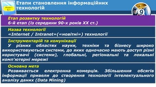9
Етапи становлення інформаційних
технологійРозділ 1
§ 1
Назва технології
«Internet / Intranet»(«новітні») технології
Основна мета
Розвивається електронна комерція. Збільшення обсягів
інформації привели до створення технології інтелектуального
аналізу даних (Data Mining)
Етап розвитку технологій
6-й етап (із середини 90-х років XX ст.)
Інструментарій та комунікації
У різних областях науки, техніки та бізнесу широко
використовуються системи, до яких одночасно мають доступ різні
користувачі (системи), глобальні, регіональні та локальні
комп'ютерні мережі
 