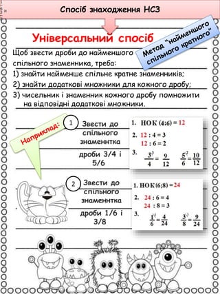 Універсальний спосіб
Щоб звести дроби до найменшого
спільного знаменника, треба:
1) знайти найменше спільне кратне знаменників;
2) знайти додаткові множники для кожного дробу;
3) чисельник і знаменник кожного дробу помножити
на відповідні додаткові множники.
Спосіб знаходження НСЗ
Звести до
спільного
знаменнтка
дроби 1/6 і
3/8
и
.
Звести до
спільного
знаменнтка
дроби 3/4 і
5/6
1
2
 