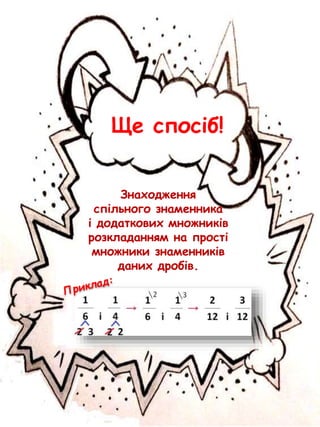Ще спосіб!
Знаходження
спільного знаменника
і додаткових множників
розкладанням на прості
множники знаменників
даних дробів.
 