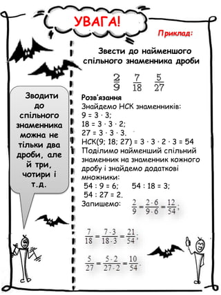 УВАГА!
Зводити
до
спільного
знаменника
можна не
тільки два
дроби, але
й три,
чотири і
т.д.
Приклад:
Звести до найменшого
спільного знаменника дроби
Розв’язання
Знайдемо НСК знаменників:
9 = 3 · 3;
18 = 3 · 3 · 2;
27 = 3 · 3 · 3.
НСК(9; 18; 27) = 3 · 3 · 2 · 3 = 54
Поділимо найменший спільний
знаменник на знаменник кожного
дробу і знайдемо додаткові
множники:
54 : 9 = 6; 54 : 18 = 3;
54 : 27 = 2.
Запишемо:
 