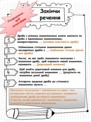 Закінчи
речення
Дроби з різними знаменниками можна замінити на
дроби з однаковими знаменниками,
використовуючи ... (основна властивість дробу)
Найменшим спільним знаменником даних
нескоротних дробів є ... (найменше спільне кратне
цих дробів)
Число, на яке треба помножити чисельник і
знаменник дробу, щоб отримати новий знаменник,
називають ... (додатковий множник)
Щоб знайти додатковий множник для дробу,
потрібно загальний знаменник ... (розділити на
знаменник даної дробу)
Алгоритм зведення дробів до спільного
знаменника звучить ...
Множення чисельника і знаменника на одне і теж
натуральне число, відмінне від одиниці, називають
приведенням дробу до нового знаменника.
А число, на яке множиться і чисельник і знаменник
називають додатковим множником.
 