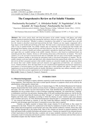 IOSR Journal Of Pharmacy
(e)-ISSN: 2250-3013, (p)-ISSN: 2319-4219
www.iosrphr.org Volume 5, Issue 11 (November 2015), PP. 12-28
12
The Comprehensive Review on Fat Soluble Vitamins
Panchumarthy Ravisankar*1
, A. Abhishekar Reddy1
, B. Nagalakshmi1
, O. Sai
Koushik1
, B. Vijaya Kumar1
, Panchumarthy Sai Anvith2
1
Department of pharmaceutical chemistry, Vignan Pharmacy College, Vadlamudi, Guntur (Dist.) - 522213,
Andhra Pradesh State, India.
2
Sri Chaitanya Educational institution, Medical Academy, Lakshmipuram-522 007, A. P. State, India.
Abstract: This review article deals with brief description of fat soluble vitamins with figures and tables
showing statistical analytical data duly quoting the references wherever necessary. The word “soluble” actually
means “able to be dissolved.” Whether a vitamin is classified as 'fat-soluble' or 'water-soluble' has to do with
how the vitamin is absorbed, stored and removed from the body. Vitamins are tiny organic compounds with a
huge impact on the health and well-being of the body. The body needs a small amount of fat soluble vitamins in
order to stay in optimal health. Fat soluble vitamins play an important role in keeping the body healthy and
functioning from immune system and muscle and heart function, easy flow and clotting of blood as well as eye
health. They are critical to health and wellness–particularly reproductive health and wellness. Low-fat, no-fat
and vegan diets are woefully lacking in fat soluble vitamins. However a diet based on traditional foods can
naturally provide these vitamins. Science is still learning about many of the functions of vitamins. "Too much
vitamin A, D, or K can lead to increased levels that are unhealthy and can cause serious health consequences.
Diseased conditions leading to decreased fat absorption leads to decreased absorption of vitamins. The fat-
soluble vitamins work most safely and effectively when obtained them from natural foods within the context of a
diet rich in all their synergistic partners. If fat soluble vitamins are stored for lengthy time they generate threat
for toxicity than water soluble vitamins and such situation even aggravated, provided they are consumed in
excess. Vitamin products, above the legal limits are not considered food supplements and must be registered as
prescription or non-prescription (over-the-counter drugs) due to their potential side effects. Vitamin A and E
supplements do not provide health benefits for healthy individuals, instead they may enhance mortality, and it is
held proved that beta-carotene supplements can be harmful to smokers.
Key words: Vitamin A, Vitamin D, Vitamin E, Vitamin K.
I. INTRODUCTION
1.1. Historical background:
Vitamins are defined as organic substance required in small amount for the maintenance and growth of
living organisms. Their deficiency may lead to certain specific diseases or symptoms which can be cured by the
administration of that specific vitamin only.
In the early 20th century the discovery of vitamins began. In 1906, the British Biochemist Sir Frederick
Hopkins demonstrated that foods contain accessory factors in addition to proteins, carbohydrates, fats, minerals
and water. The term vitamin was first discovered by Funk. Funk identified that the anti-beriberi substance in
unpolished rice was an amine which is a type of nitrogen containing compound. He coined the term "vitamine"
a combination word from vita and amine, meaning amine of life and considered that amines are vital for the life.
However it was later found that all vitamins are either “nitrogen” or “amines” particularly in vitamin A. In 1912
Hopkins and Funk made a hypothesis according to which the absence of some vitamins could cause diseases
such as beriberi and scurvy. In 1920, Drummond proposed to drop the final "e" consequently the word vitamines
“e” was removed and termed as vitamins. It was later found that different vitamins have different chemical
properties and advantages apart from harm if consumed in excess than what is required.
Vitamins are highly essential to human body except vitamins D, K and biotin as they cannot be
synthesized in the body. Vitamin D is synthesized in the body by irradiation of sterols in the skin by UV rays.
Many plants and microorganisms except humans and some other animals synthesize vitamins. Hence they need
to be supplied through diet to the human body. Most of the vitamins are present in required quantities in the
fresh and natural foods available both plants and animals sources. Vitamins are required in tiny amounts because
of their inactivation in the body they play a catalytic role in many metabolic reactions of the cells and act as
coenzymes or part of coenzymes and enzyme systems. Certain vitamins act as hormones and exert their action at
intracellular receptor sites like Vitamin A and D.
 