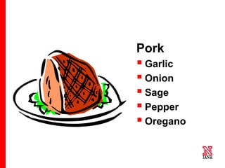 19 19
19
Pork
 Garlic
 Onion
 Sage
 Pepper
 Oregano
 