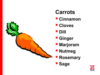 23 23
23
Carrots
 Cinnamon
 Cloves
 Dill
 Ginger
 Marjoram
 Nutmeg
 Rosemary
 Sage
 