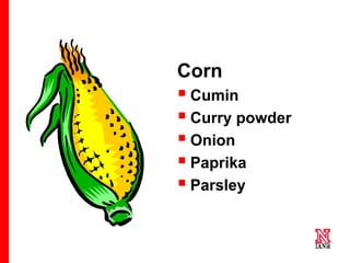 24 24
24
Corn
 Cumin
 Curry powder
 Onion
 Paprika
 Parsley
 