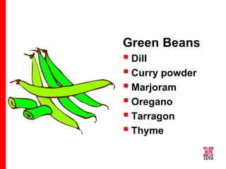 25 25
25
Green Beans
 Dill
 Curry powder
 Marjoram
 Oregano
 Tarragon
 Thyme
 