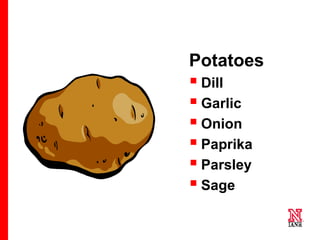 27 27
27
Potatoes
 Dill
 Garlic
 Onion
 Paprika
 Parsley
 Sage
 