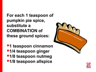35 35
35
For each 1 teaspoon of
pumpkin pie spice,
substitute a
COMBINATION of
these ground spices:
1 teaspoon cinnamon
1/4 teaspoon ginger
1/8 teaspoon nutmeg
1/8 teaspoon allspice
 