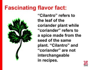 39 39
39
Fascinating flavor fact:
“Cilantro” refers to
the leaf of the
coriander plant while
“coriander” refers to
a spice made from the
seed of the same
plant. “Cilantro” and
“coriander” are not
interchangeable
in recipes.
 